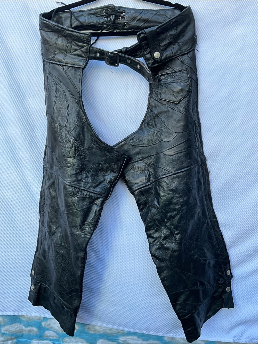 Diamond Plate Buffalo Leather Patchwork Motorcycle Biker Chaps Black Sz S